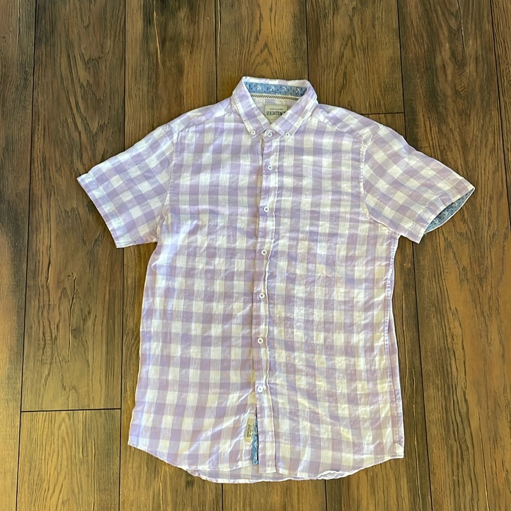 Heritage Collection Purple Gingham Short Sleeve Button Down 100% Linen Top